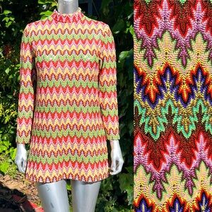 1960s Jr Aim Rainbow Flame Stitch Mini Dress